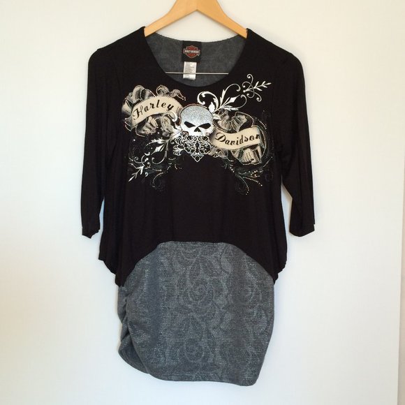 Harley Davidson Long Top Tunic Small Black Gray Silver 3\4 Sleeve Rhinestones - Picture 1 of 9